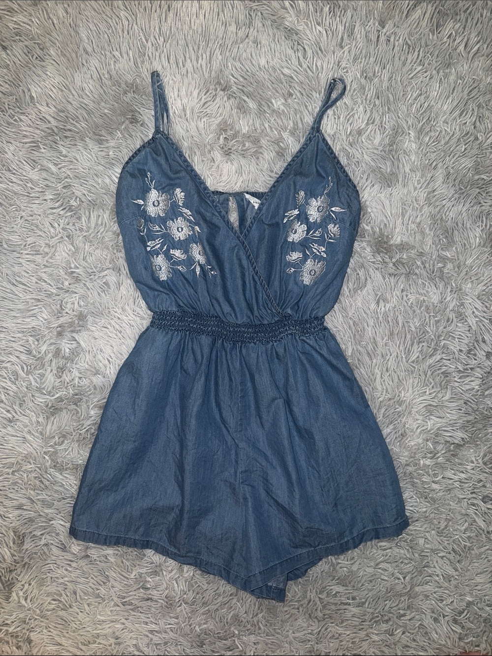 Sleeveless Embroidered Chambray Romper - Blue